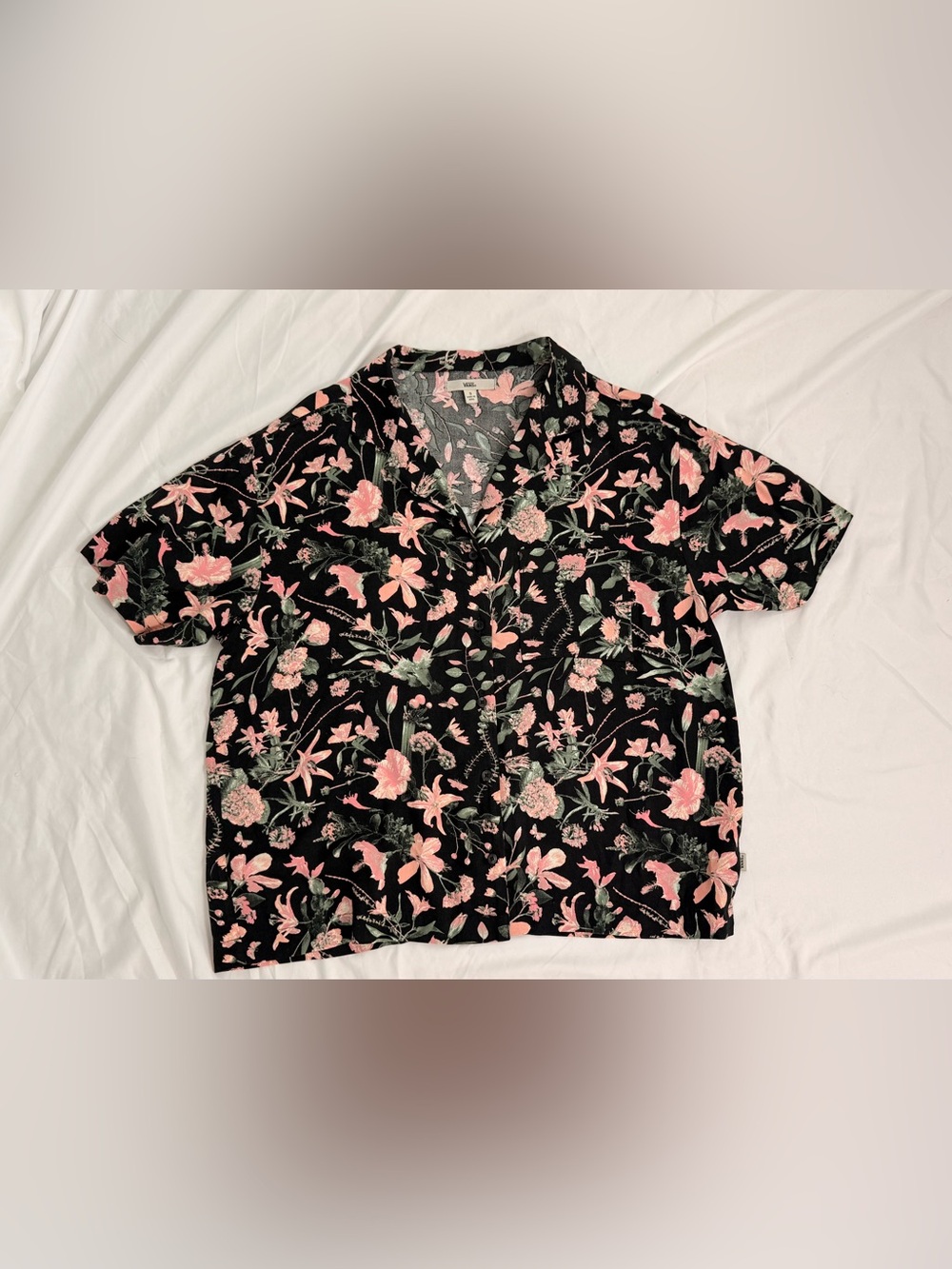 Vans Black Short-Sleeve Button-Down Shirt with Pink Floral Print
